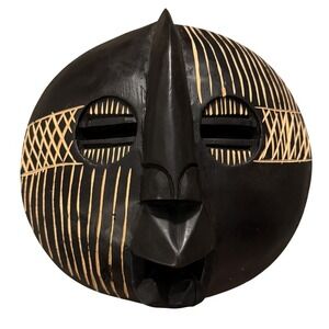 African Tribal Moon Mask Kokobene Luck Carved Wood Chiseled Lines Round Ghana